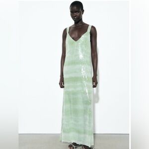 Zara Green Sleeveless V-Neck Slip Maxi Dress